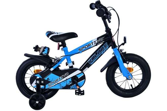 Volare | Jongens Kinderfiets Sportivo, 12 inch, Blauw Zwart, Twee Handremmen