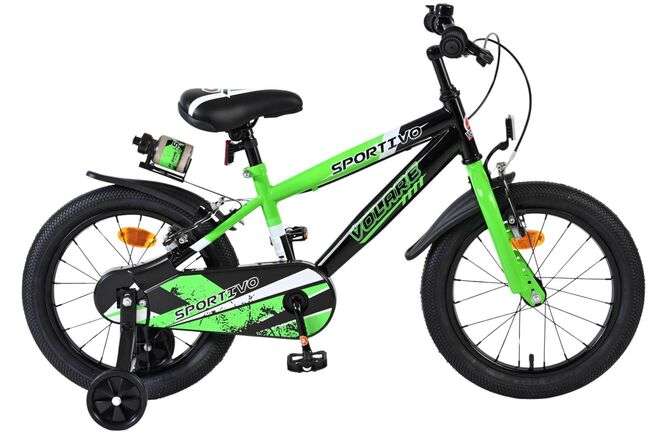 Volare | Jongens Kinderfiets Sportivo, 16 inch, Groen Zwart, Twee Handremmen