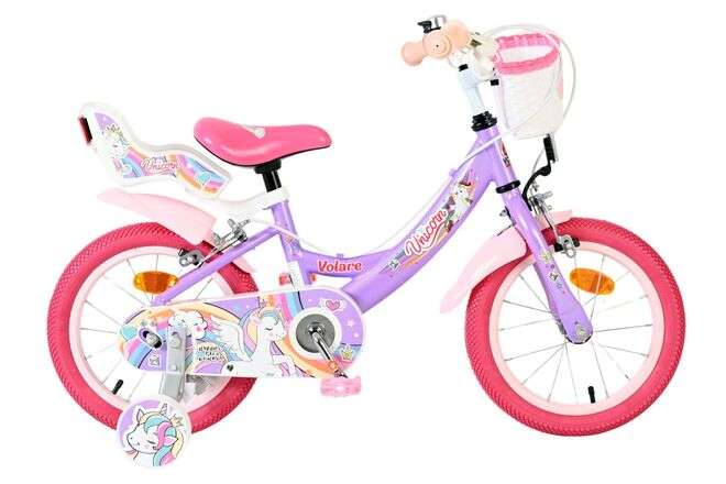 Volare | Meisjes Kinderfiets Unicorn, 14 inch, Paars, Twee Handremmen